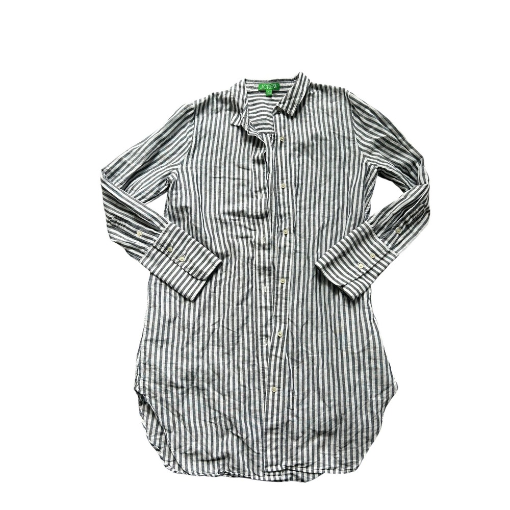 J.Crew Gray White Striped Linen Cotton Shirt Dress Long Sleeve‎ Women Small